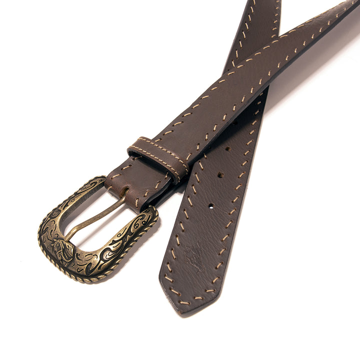 Western Top Grain Leather Belt, Diagonal Stitch - Brown