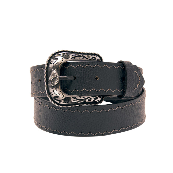 Western Top Grain Leather Belt, Arrow Tip Stitch - Black