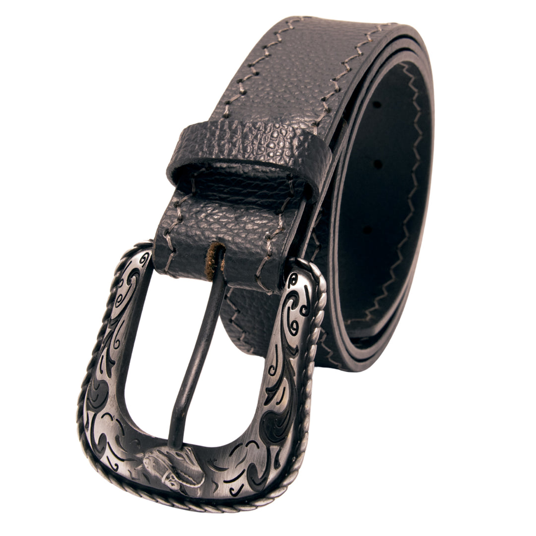 Western Top Grain Leather Belt, Arrow Tip Stitch - Black