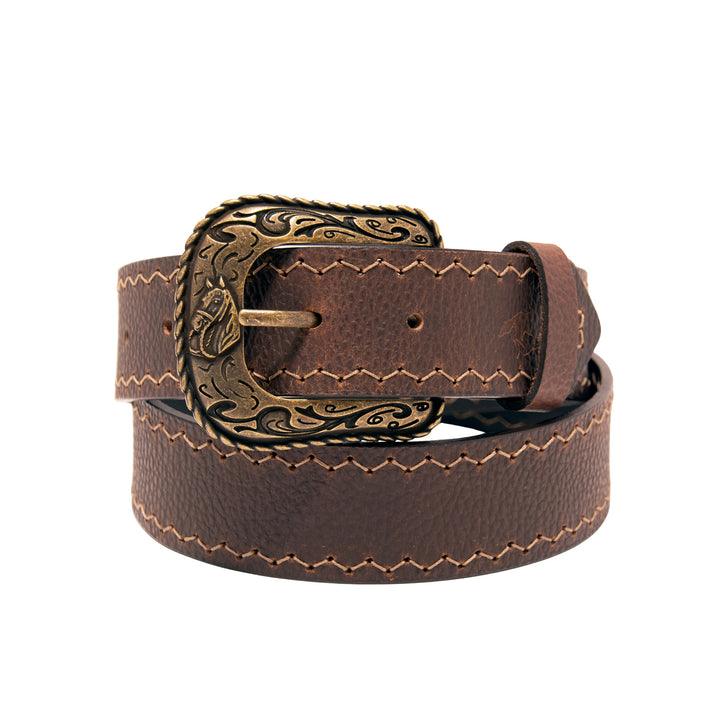 Western Top Grain Leather Belt, Arrow Tip Stitch - Brown