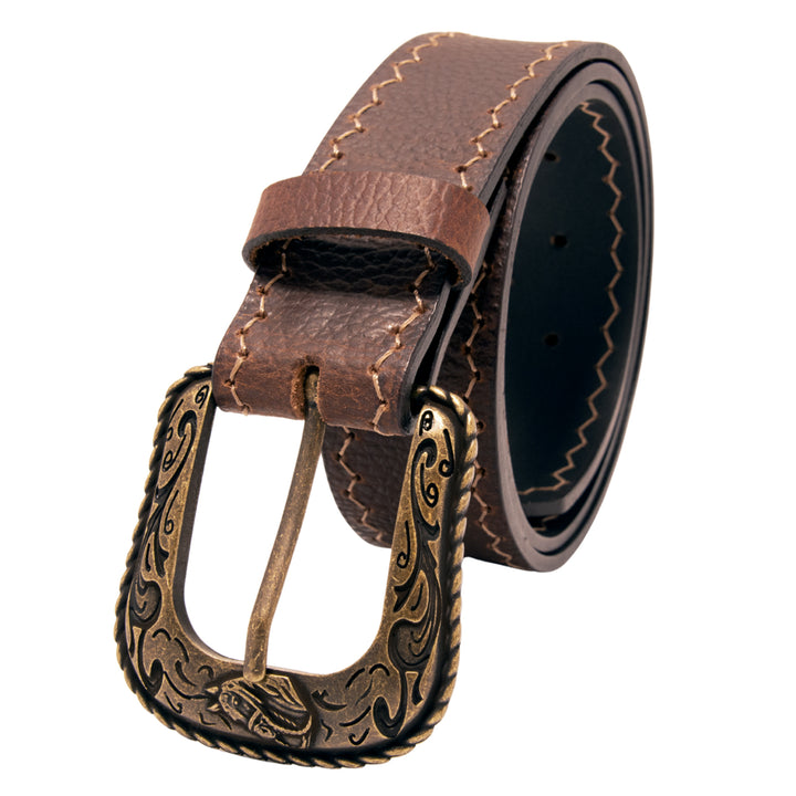 Western Top Grain Leather Belt, Arrow Tip Stitch - Brown