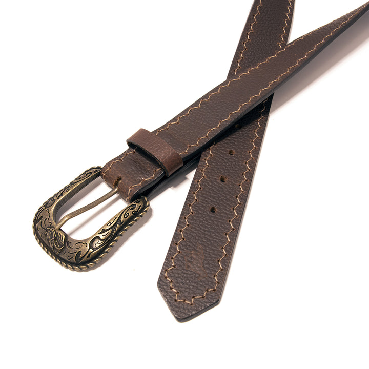 Western Top Grain Leather Belt, Arrow Tip Stitch - Brown