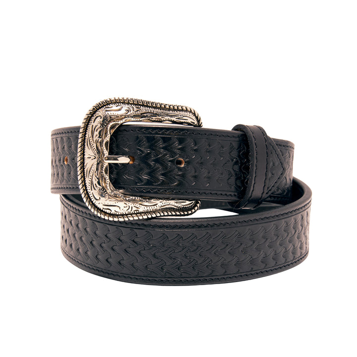 Tooled Top Grain Leather Belt - Black