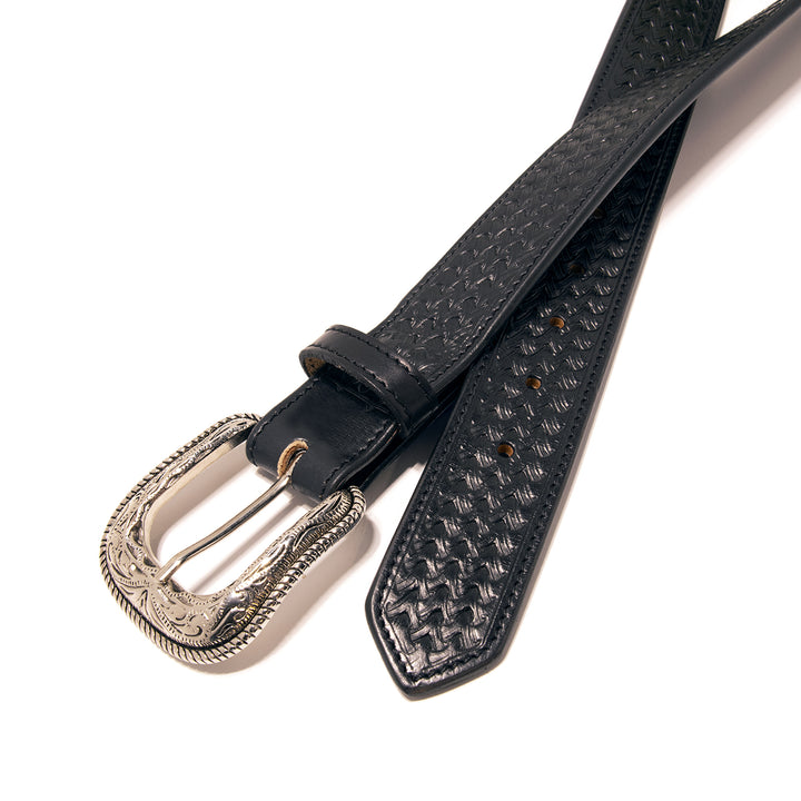 Tooled Top Grain Leather Belt - Black