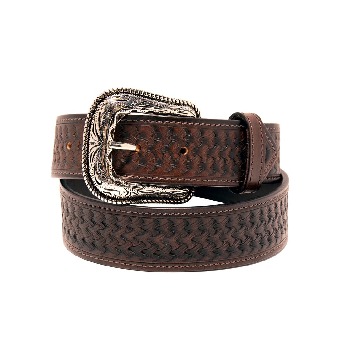 Tooled Top Grain Leather Belt - Brown