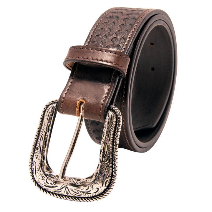 Tooled Top Grain Leather Belt - Brown