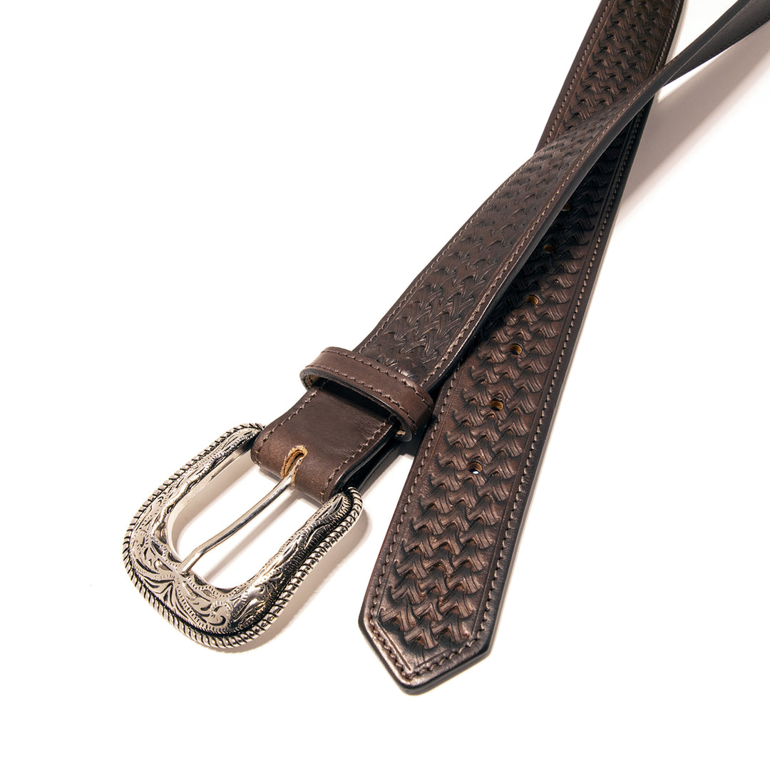 Tooled Top Grain Leather Belt - Brown
