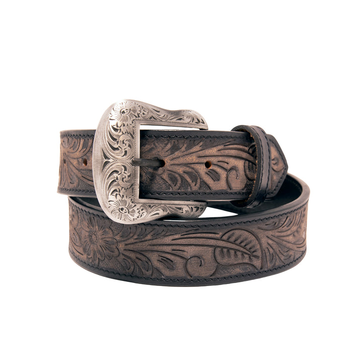 Floral Tooled Top Grain Leather Belt - Black