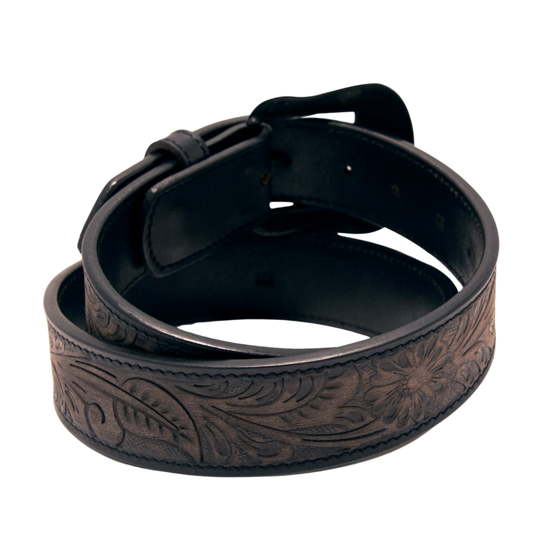 Floral Tooled Top Grain Leather Belt - Black