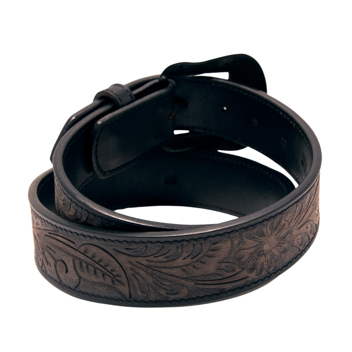 Floral Tooled Top Grain Leather Belt - Black
