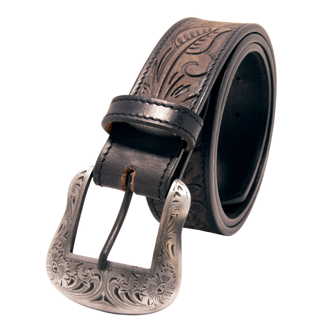 Floral Tooled Top Grain Leather Belt - Black