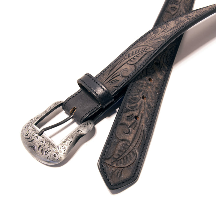 Floral Tooled Top Grain Leather Belt - Black