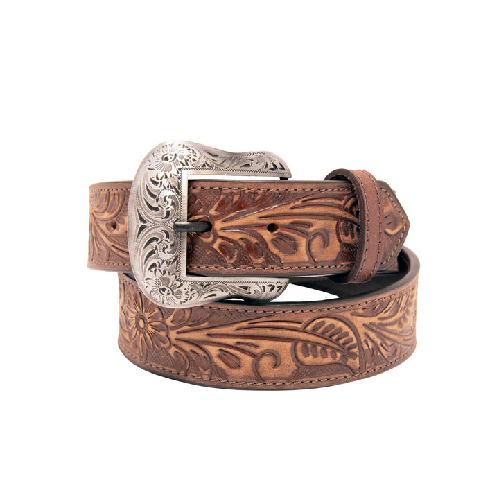 Floral Tooled Top Grain Leather Belt - Brown