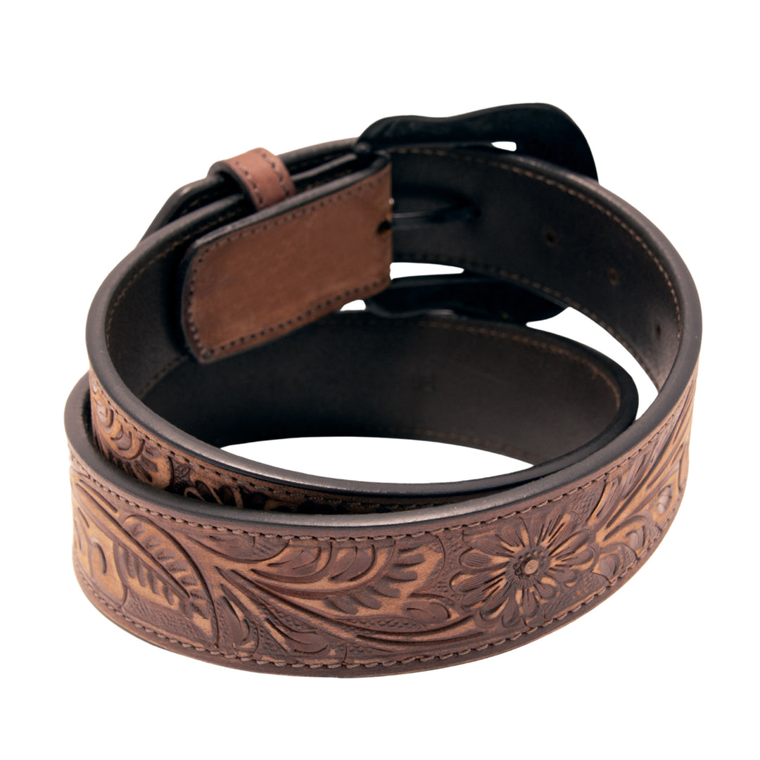 Floral Tooled Top Grain Leather Belt - Brown