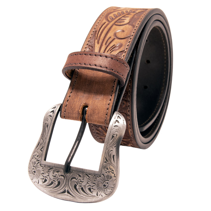 Floral Tooled Top Grain Leather Belt - Brown