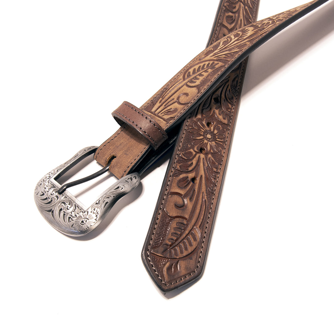 Floral Tooled Top Grain Leather Belt - Brown