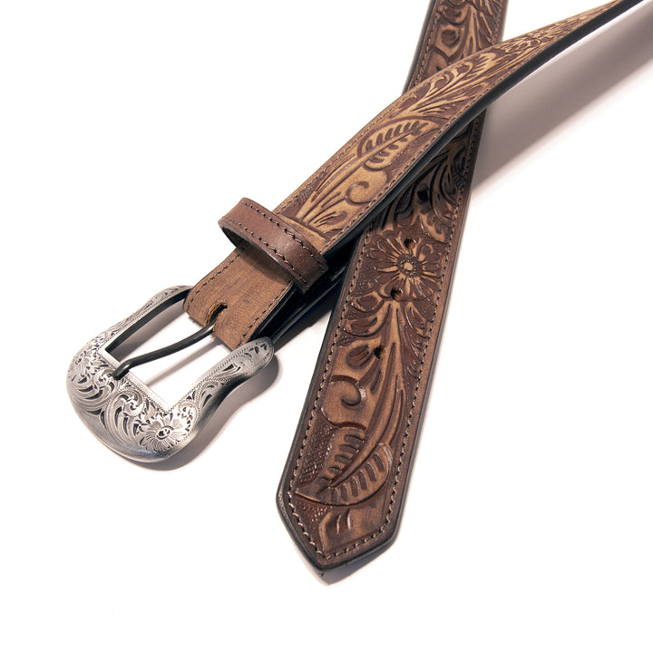 Floral Tooled Top Grain Leather Belt - Brown