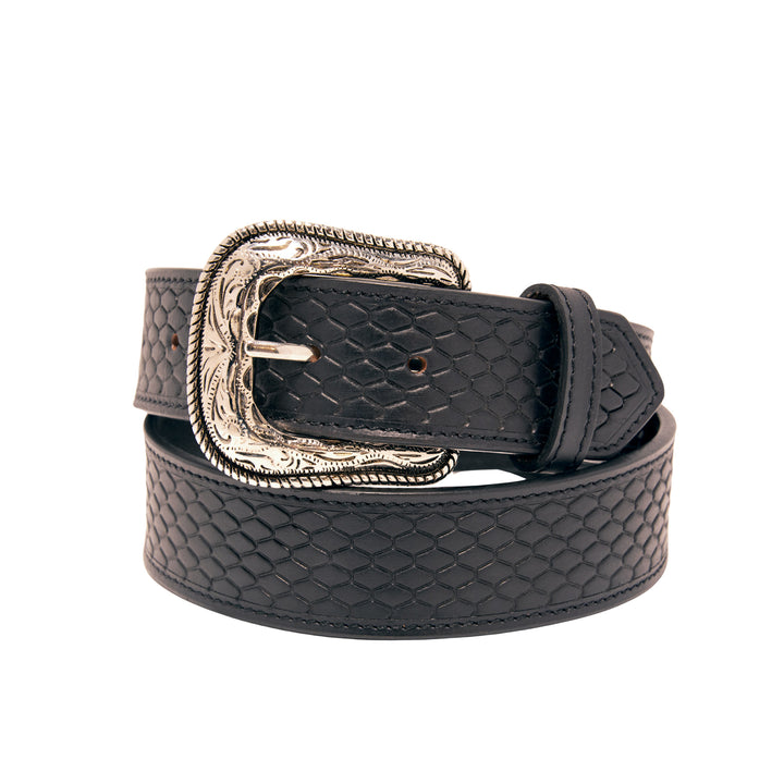 Snake Skin Pattern Top Grain Leather Belt - Black