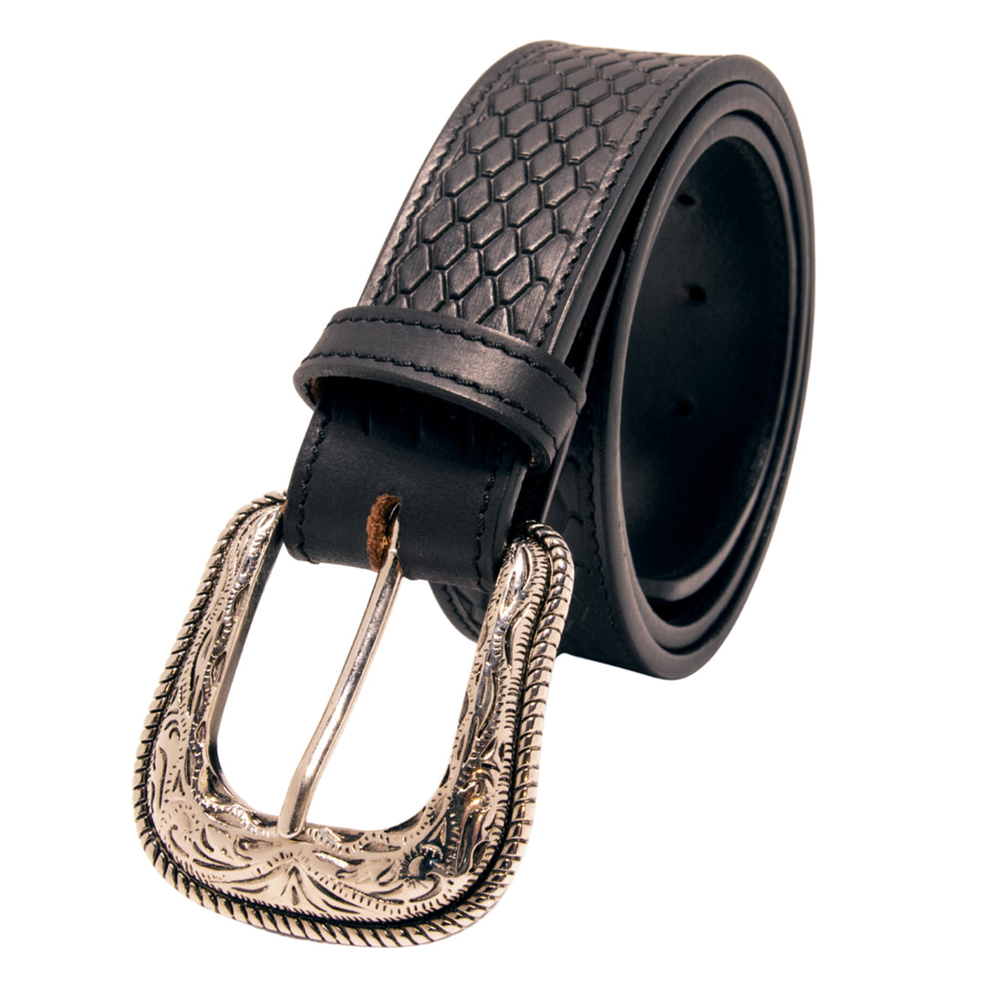 Snake Skin Pattern Top Grain Leather Belt - Black