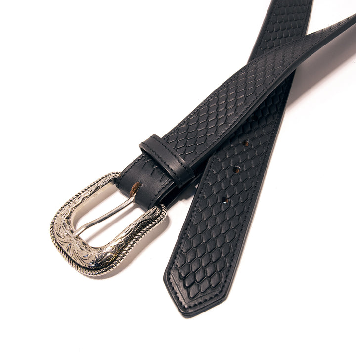 Snake Skin Pattern Top Grain Leather Belt - Black