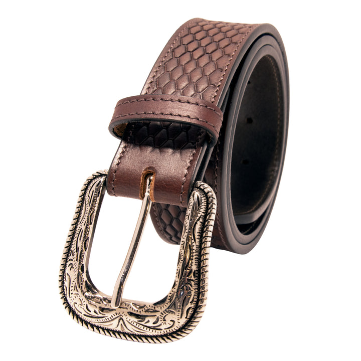 Snake Skin Pattern Top Grain Leather Belt - Brown