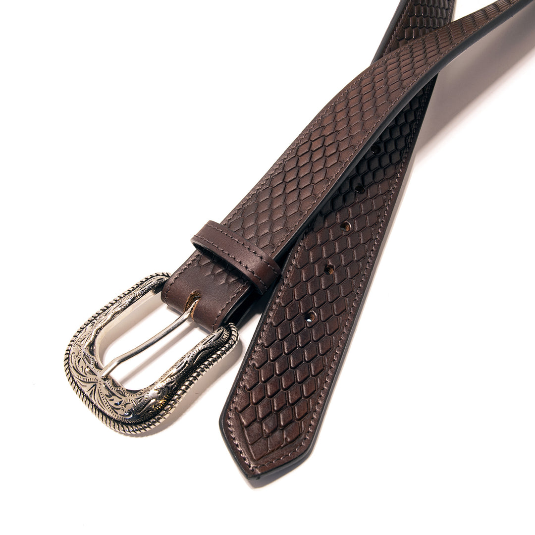 Snake Skin Pattern Top Grain Leather Belt - Brown