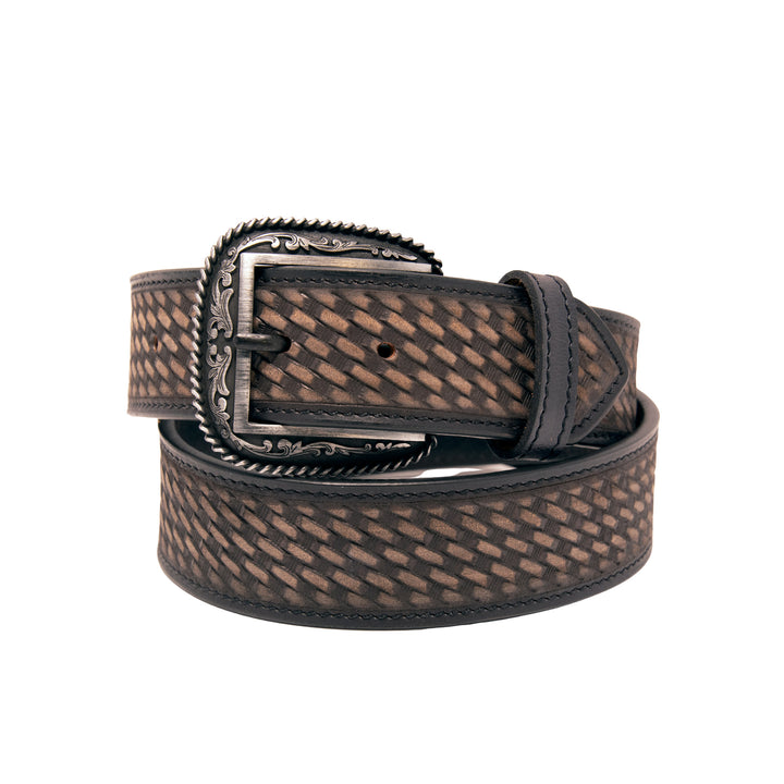 Tooled Basket Weave Top Grain Leather Belt - Black