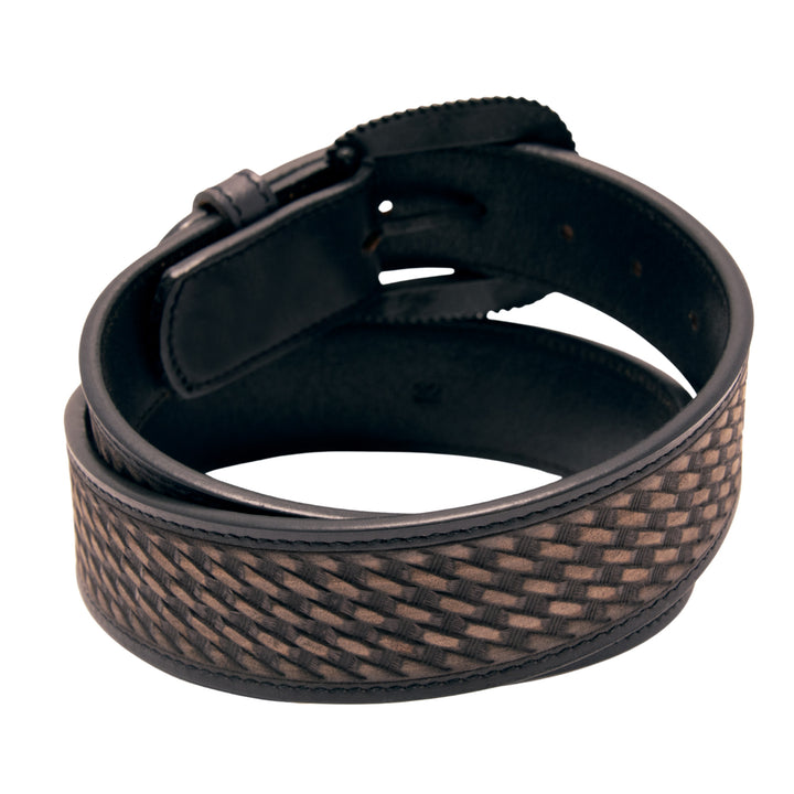 Tooled Basket Weave Top Grain Leather Belt - Black