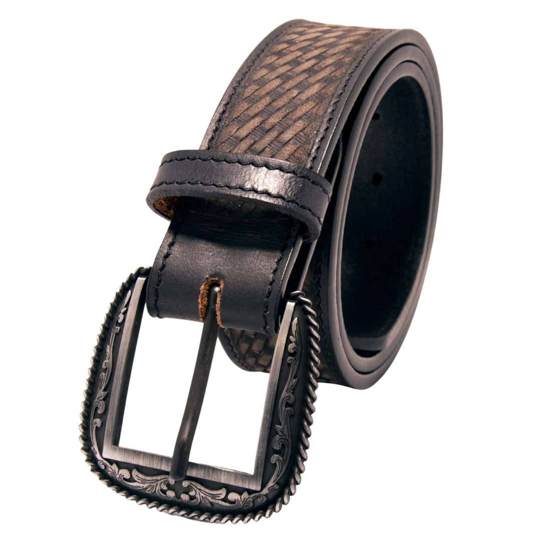 Tooled Basket Weave Top Grain Leather Belt - Black