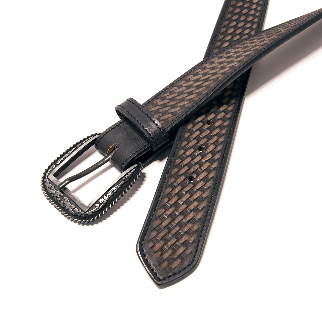 Tooled Basket Weave Top Grain Leather Belt - Black