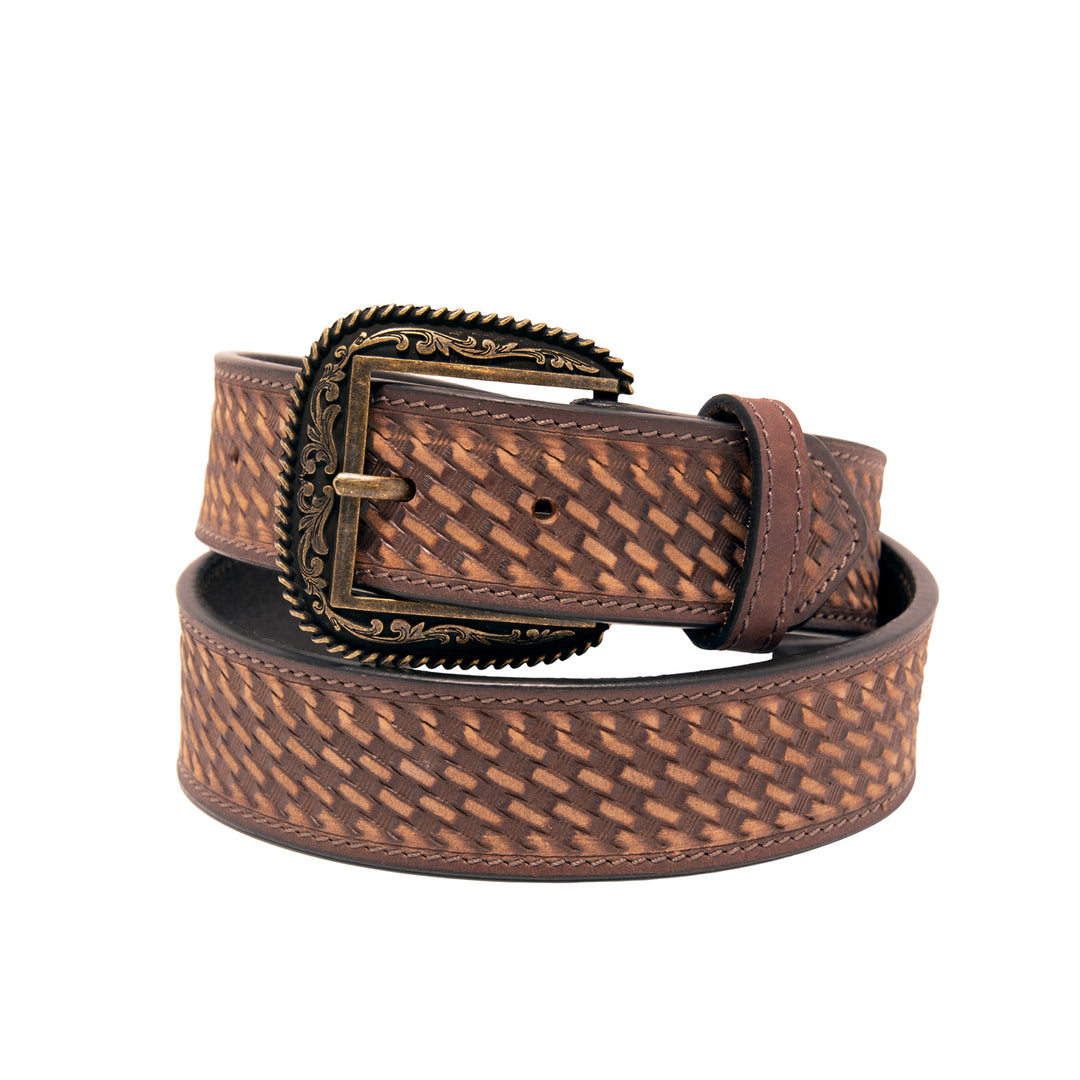 Tooled Basket Weave Top Grain Leather Belt - Brown