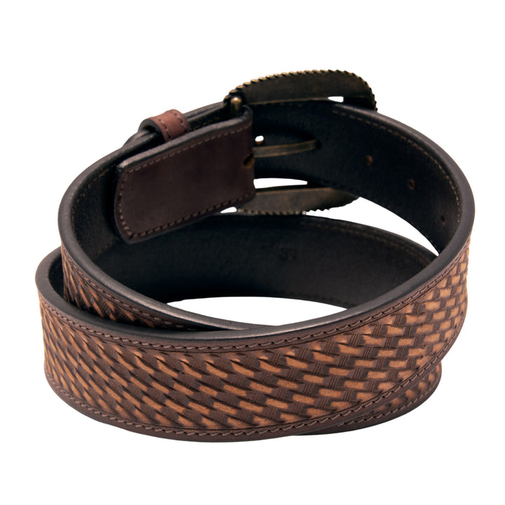 Tooled Basket Weave Top Grain Leather Belt - Brown