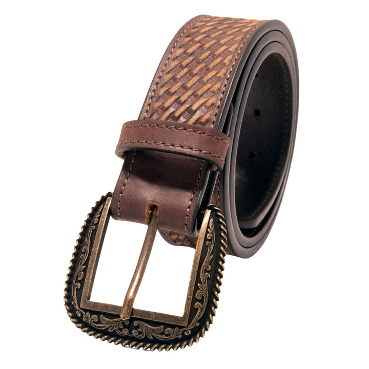 Tooled Basket Weave Top Grain Leather Belt - Brown