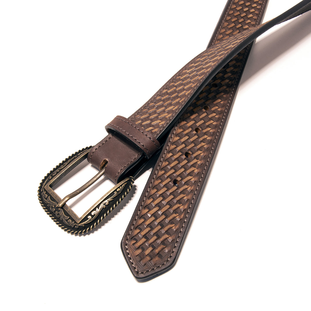 Tooled Basket Weave Top Grain Leather Belt - Brown