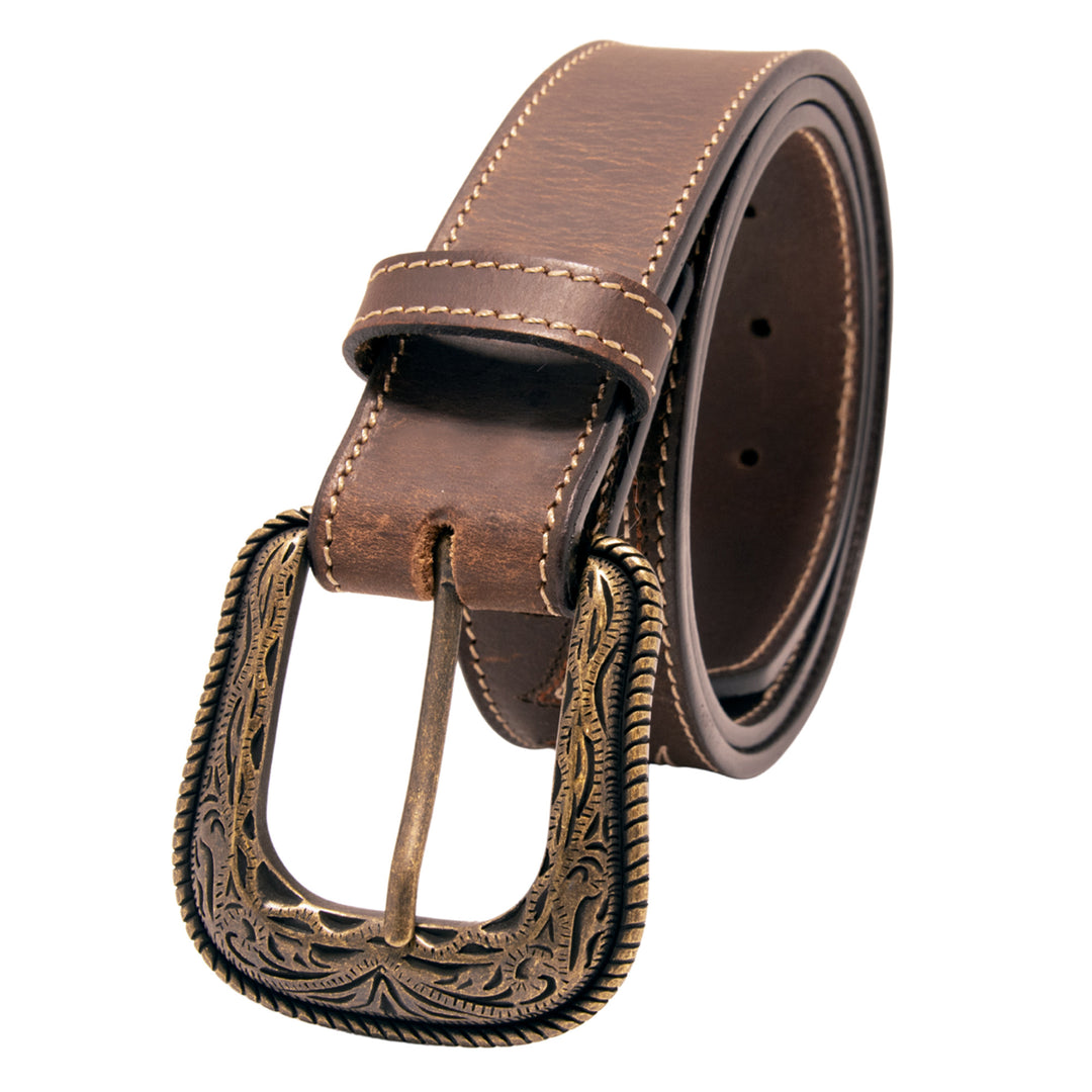 Stitched Top Grain Leather Belt - Brown