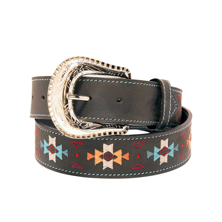 Southwestern Embroidery Top Grain Leather Belt - Black