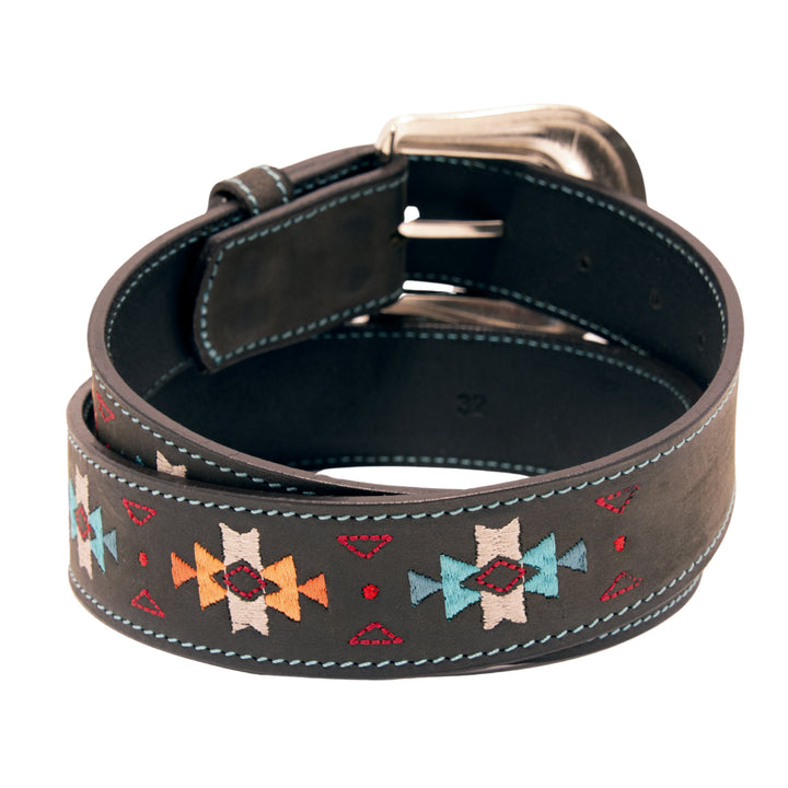Southwestern Embroidery Top Grain Leather Belt - Black