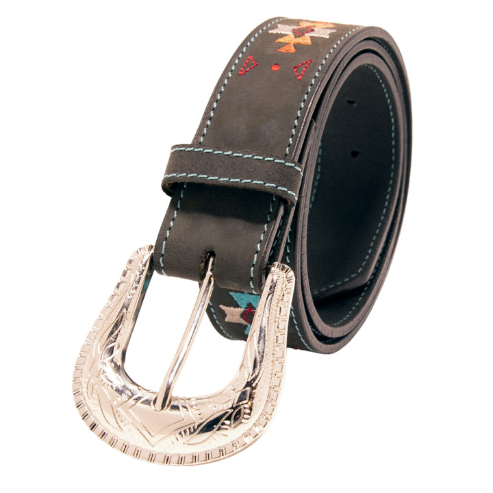 Southwestern Embroidery Top Grain Leather Belt - Black