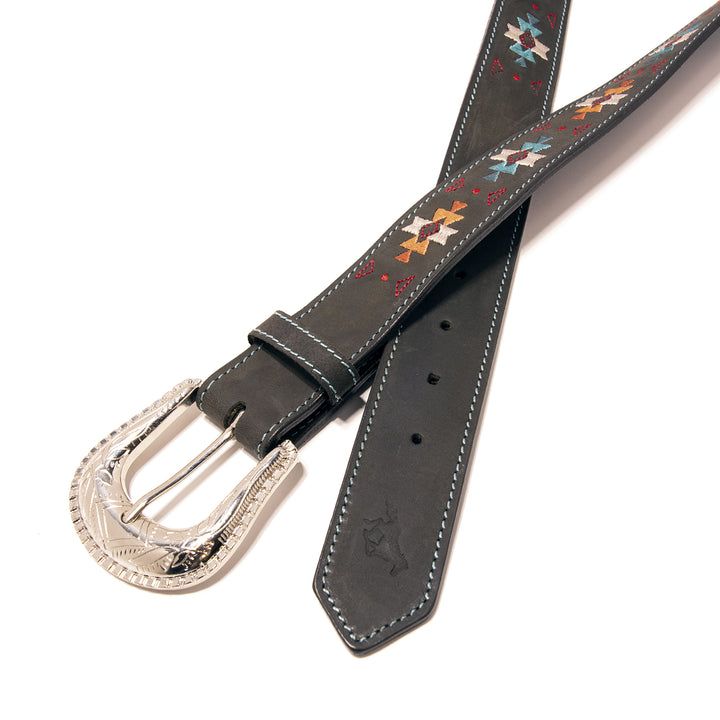 Southwestern Embroidery Top Grain Leather Belt - Black