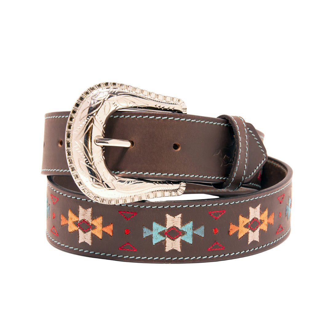 Southwestern Embroidery Top Grain Leather Belt - Brown