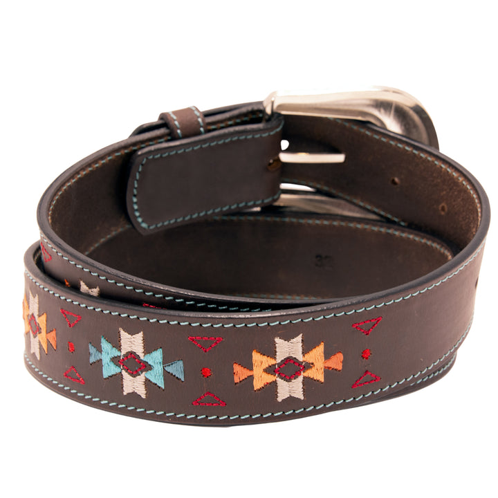 Southwestern Embroidery Top Grain Leather Belt - Brown