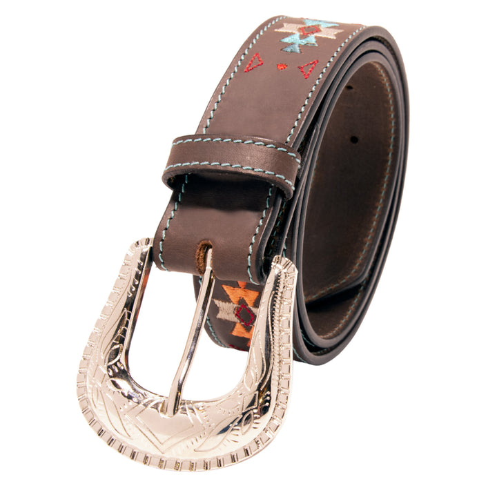 Southwestern Embroidery Top Grain Leather Belt - Brown