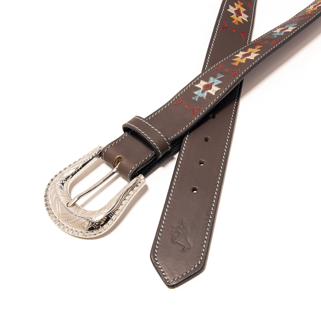 Southwestern Embroidery Top Grain Leather Belt - Brown