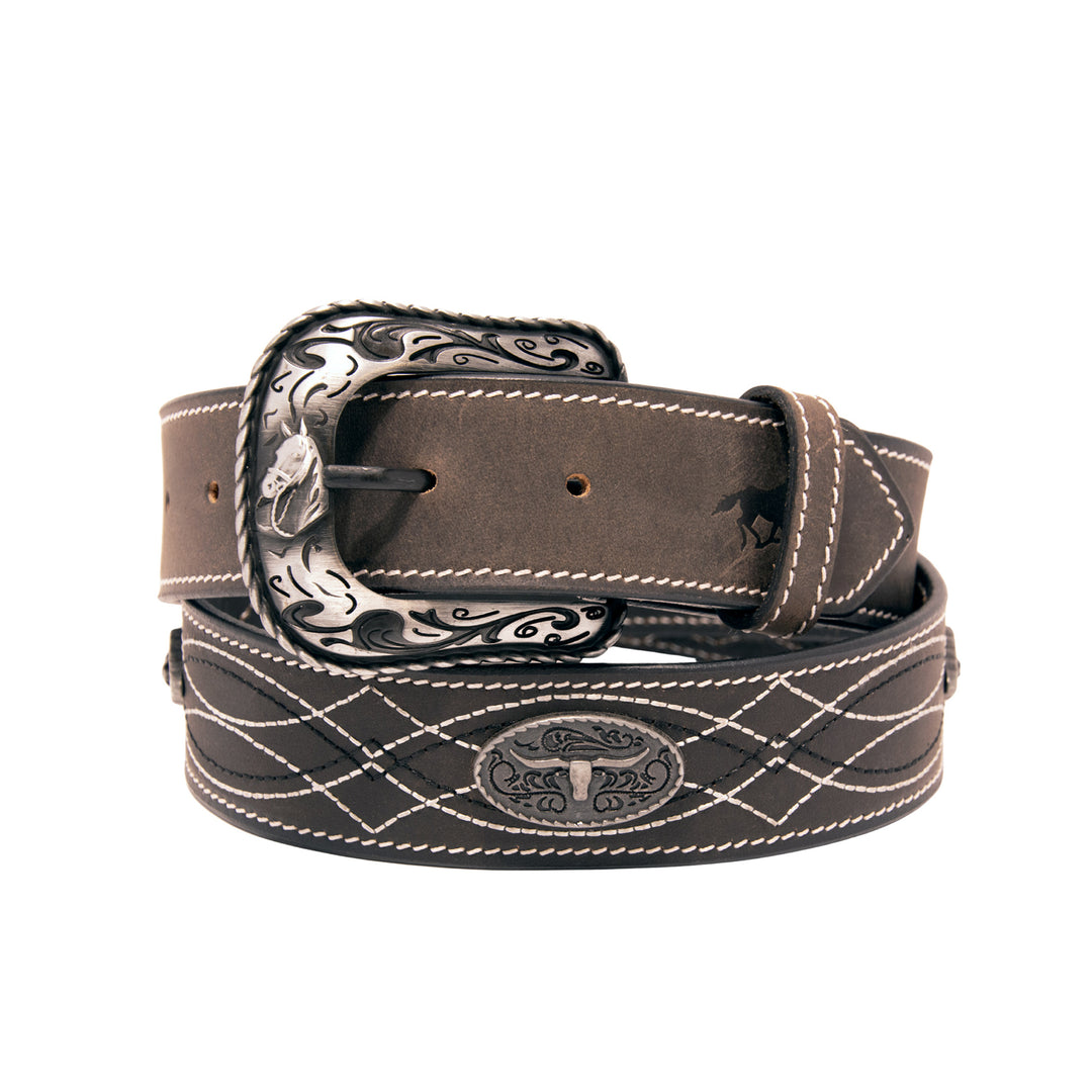Stitched Concho Top Grain Leather Belt - Black