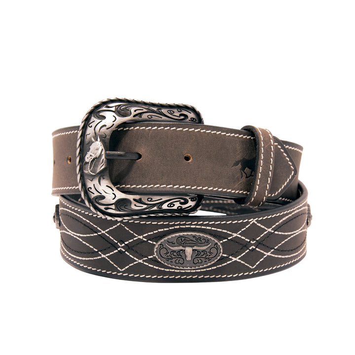 Stitched Concho Top Grain Leather Belt - Black