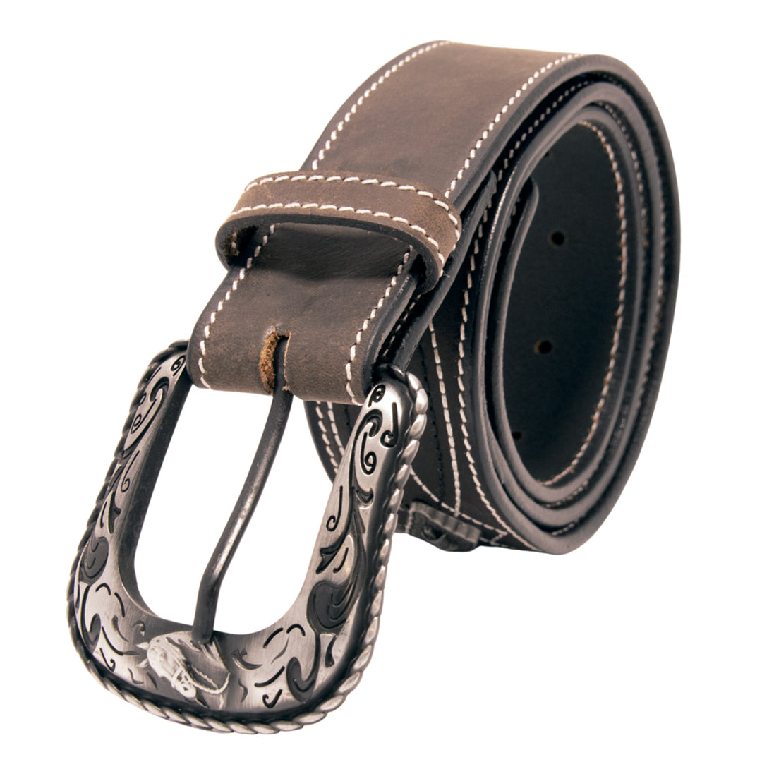 Stitched Concho Top Grain Leather Belt - Black