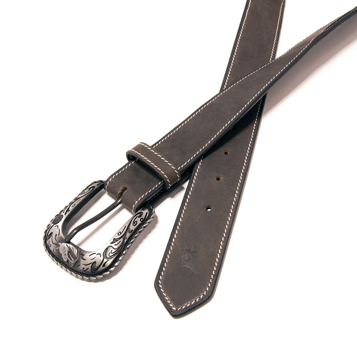 Stitched Concho Top Grain Leather Belt - Black