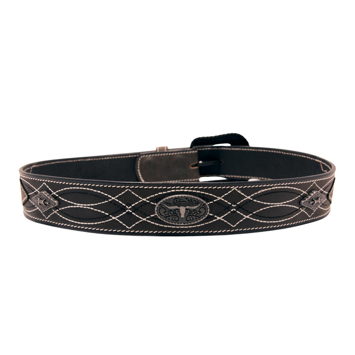 Stitched Concho Top Grain Leather Belt - Black