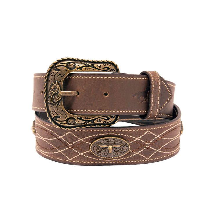 Stitched Concho Top Grain Leather Belt - Brown