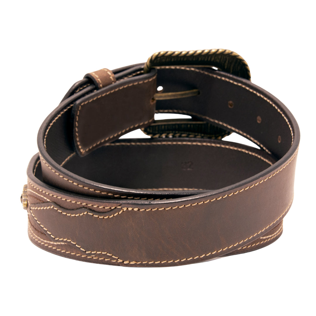 Stitched Concho Top Grain Leather Belt - Brown